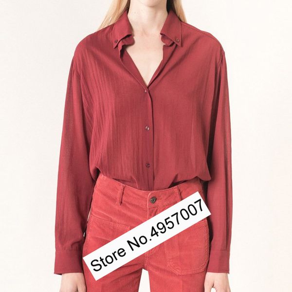 

100% cotton women creased-effect long sleeve lapel shirt - ladies white/dark red blouse shirt