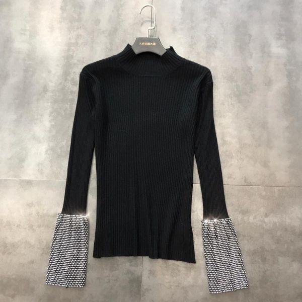 

2020 new fashion spring water drill sleeve spliced stretch knitted sweater undershirt women solid color pullover knit shirt, White;black