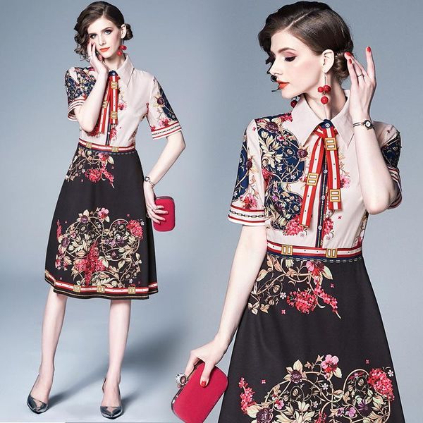 

2020 new summer short sleeve a-line skirt fashion european lace-up lapel slim printed dress party dresses, White;black