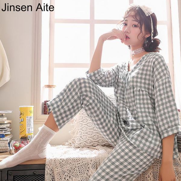 

jinsen aite cotton pajamas set for woman loose casual short sleeved summer plaid sleepwear girl home clothes nightwear js744, Blue;gray