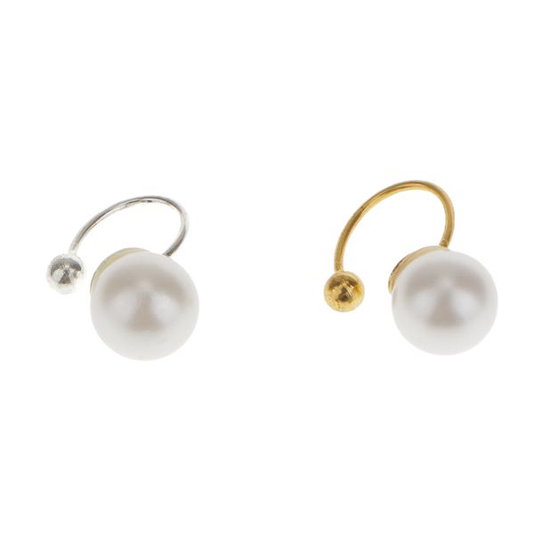 

2pcs pearl earring ear bones clip ear cuff wrap no piercing (silver + gold ) 8mm, Golden