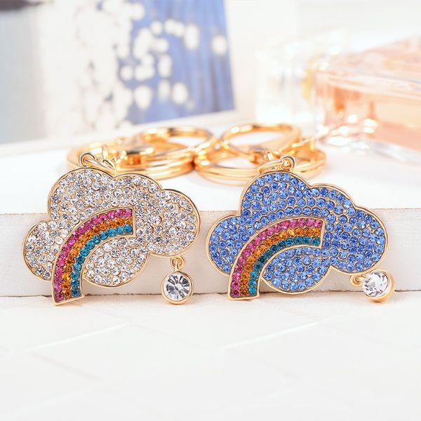 

new rhinestone pendant rainbow cloud keychain women trendy exquisite colorful car handbag hanging key chain, Silver