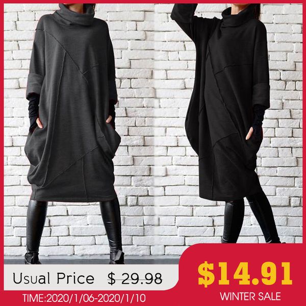 

2019 zanzea оен водолазки женин плаев вколз sundress женкой длин колена vestidos ка, Black;gray