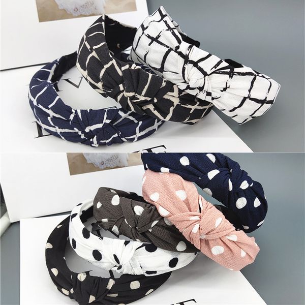 

korean-style new style fabric large rims face wash hair bands chiffon polka dot bow cross knot plaid headband women's, Brown
