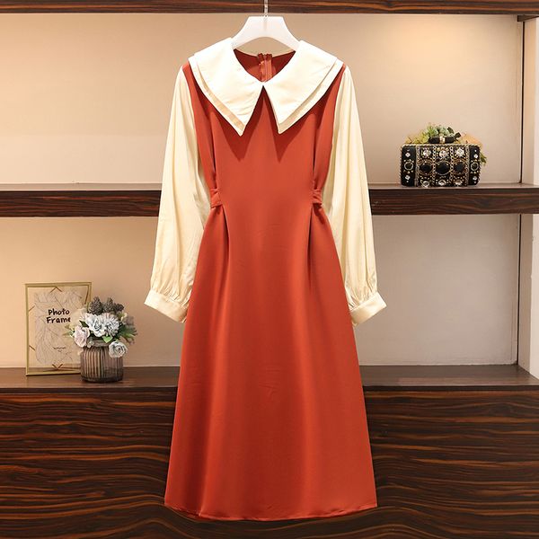 

l-4xl plus размер женщины vintage midi платье весна 2020 мода питер пэн воротник с длинным рукавом лоскутная повседневный a-line женские пла, Black;gray