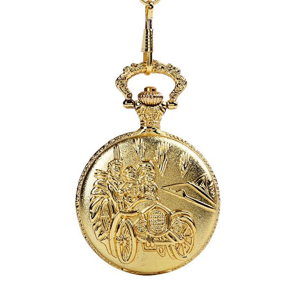 

classical retro gold silver large thick chain three small people driving retro pocket watch with waist chain, Slivery;golden