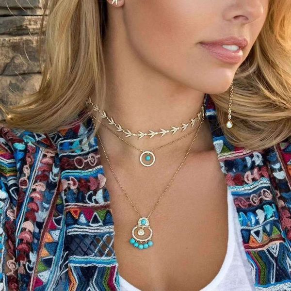 

2018 luxury sterling silver turquois necklace monaco natural gem stones mirco cubic zirconia double circle necklace jewelry