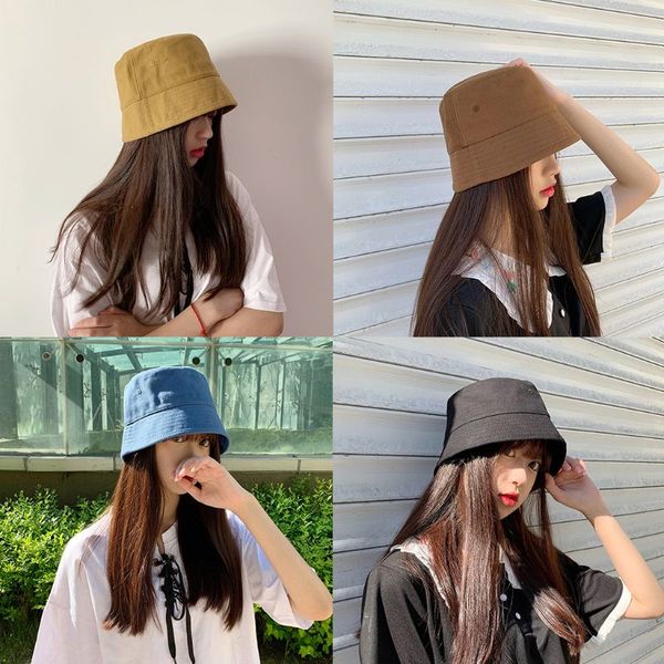 

women literary style cotton bucket cap harajuku hip hop solid color sun protection wide brim foldable fisherman hat with eyelets, Blue;gray