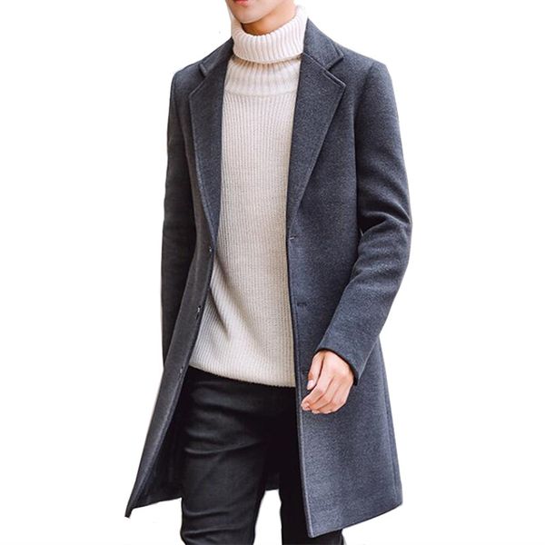 

2020 autumn and winter new fashion boutique solid color casual business men's long woolen coats / mens grey long woolen jackets, Black