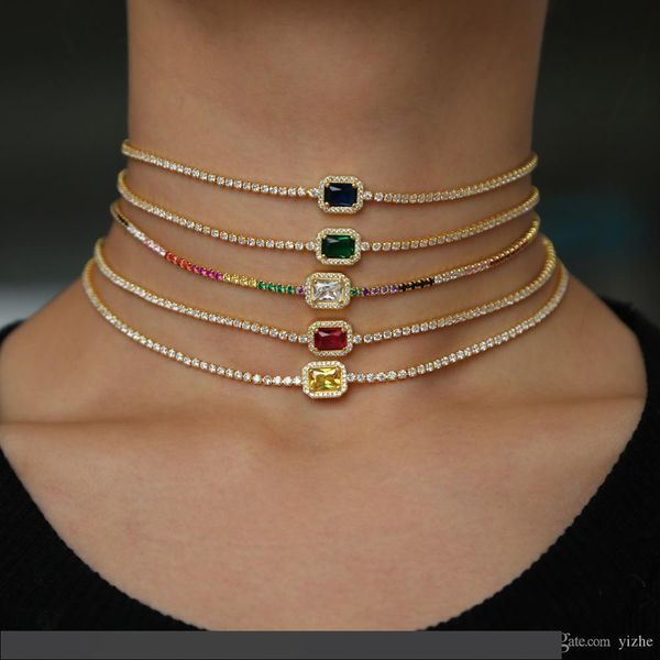 

rainbow cz 32+8cm choker necklace for lady women trendy jewelry delicate thin cz tennis chain birthstone diamond fashion jewelry, Silver