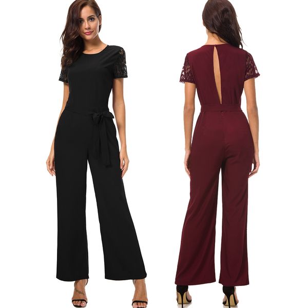 

2018 новый open back пригородных повседневная комбинезон европейских и американских женщин взрыва кружева с коротким рукавом цельный брюки, Black;white