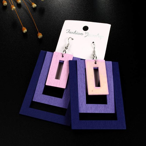 

natural wood circle geometric round rectangle multilayer square hollow drop earrings 1pair big graceful wooden multicolor, Silver