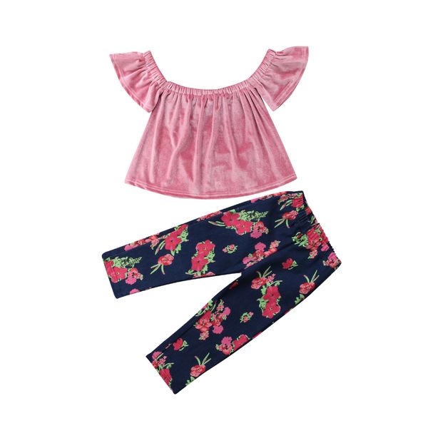 

2pcs малышей дети baby girl -плеча с коротким рукавом розовый бархат топы футболки + цветочный принт джинсы наряды, White
