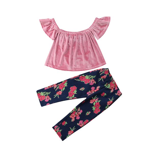 

2Pcs Toddler Kids Baby Girl Off-shoulder Short Sleeve Pink Velvet Tops T-shirt+Floral Print Jeans Outfits