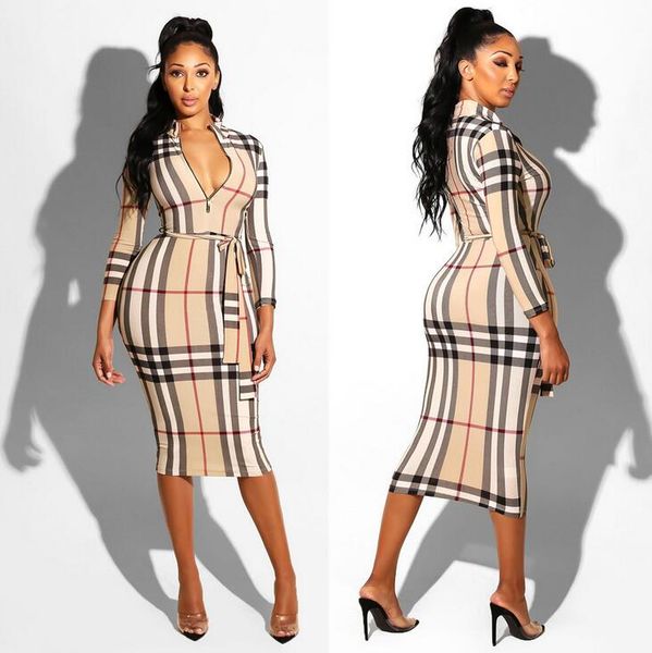 

2019 europe and the united states new women print zipper belt dress three-color stitching tight skirt ing, Black;gray