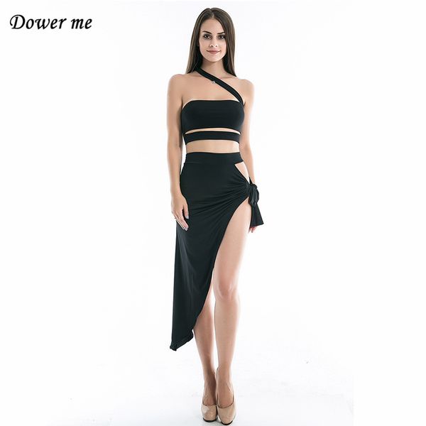 

dower me women two piece outfits sleeveless halter collar two piece set and skirt lace up hollow out skirt set y038, White