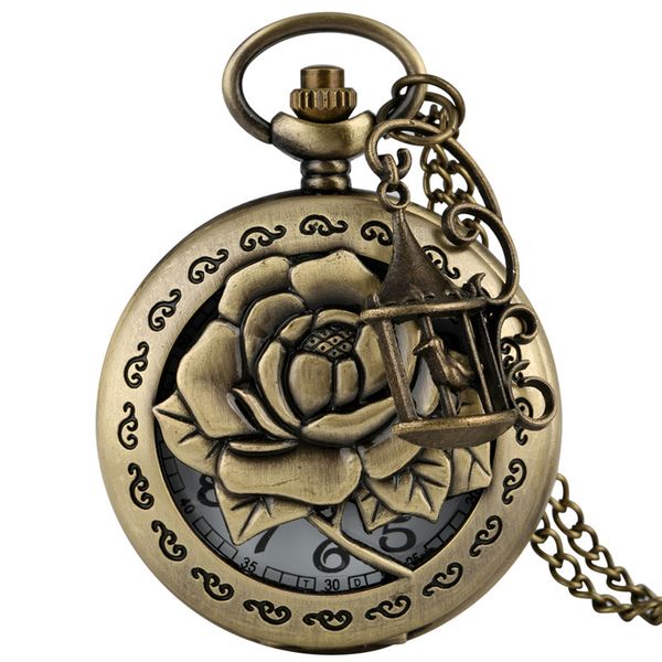 

steampunk women bronze quartz pocket watch antique hollow 3d flower case necklace sweater chain clock gift reloj de bolsillo, Slivery;golden