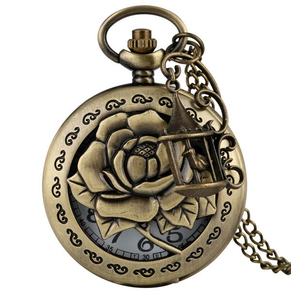 Steampunk Frauen Bronze Quarz Taschenuhr Antike Hohl 3D Blume Fall Halskette Pullover Kette Uhr Geschenk reloj de bolsillo