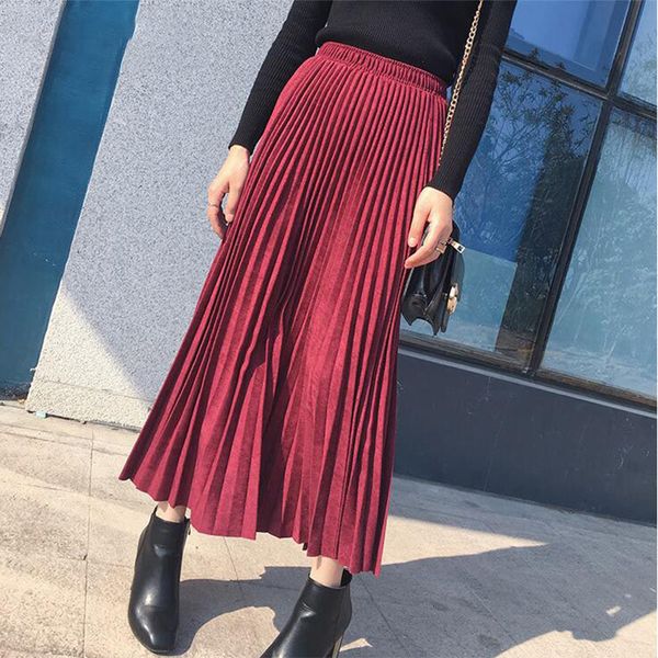 

long skirt women skirts suede pleated skirts women fashion 2019 autumn winter midi female high waist elegant skirt pink blue, Black