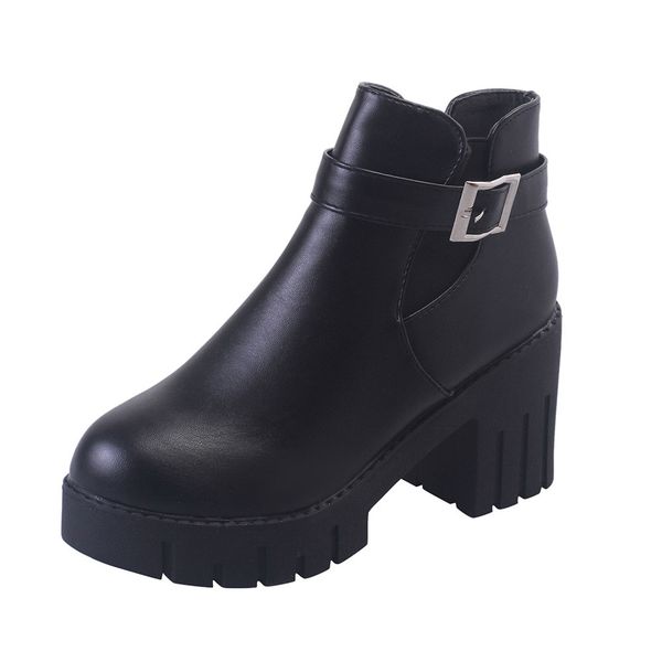 

leather boots women belt buckle ladies faux boots ankle high heels shoes casual winter fashion 19aug8, Black