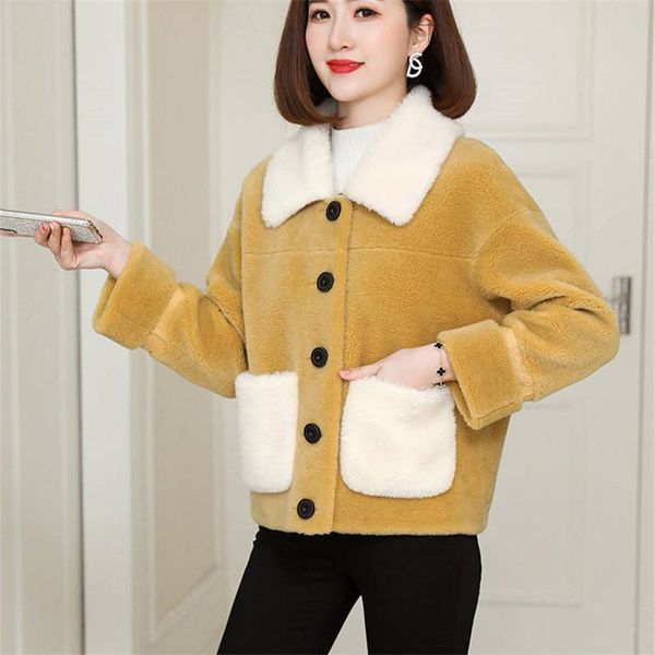 

new winter women soft sheep shearing fur short coat jacket female elegant thicken warm faux fur wool coat casual overcoat k287, Black