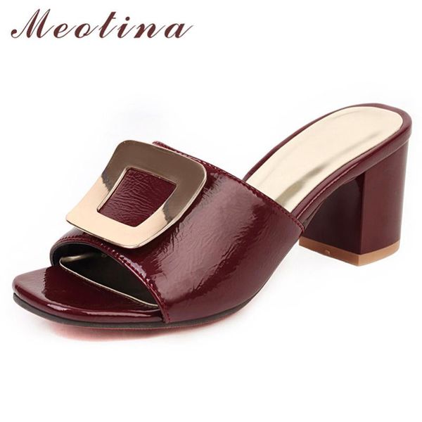 

meotina women slippers metal decoration high heels shoes patent leather thick heel slides ladies summer sandals pink white red, Black