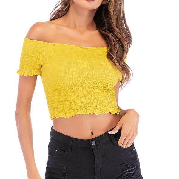 

feitong large size tunic shirt fashion women off shoulder short sleeve blouse ruched short ruffles blouse camisa feminina, White