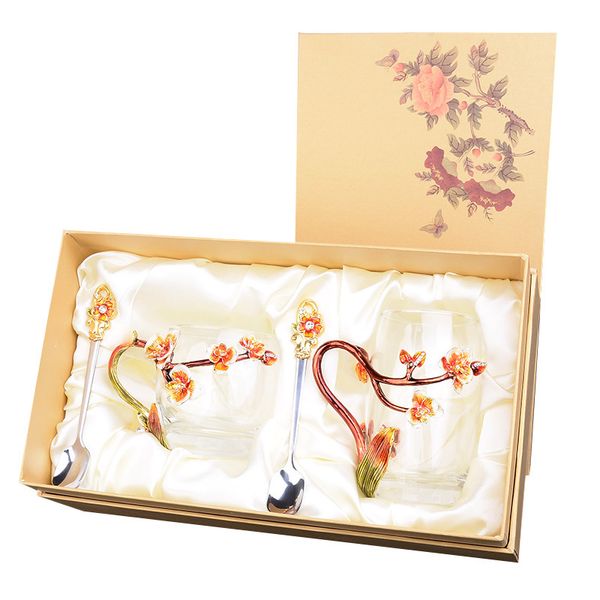 

crystal glass tea coffee cup enamel plum blossom metal handgrip glass mugs individual box package for perfect mother's gift