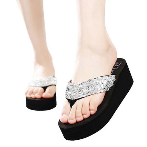 

casual flip-flops slippers summer sequins anti-slip sandals home slippers women high heel wedges sandals black flatform shoes