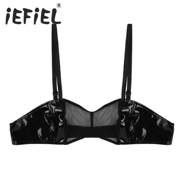 

bras women female black lingerie faux leather see through mesh wire-no pad bra clubwear nightwear breathable bralette, Red;black