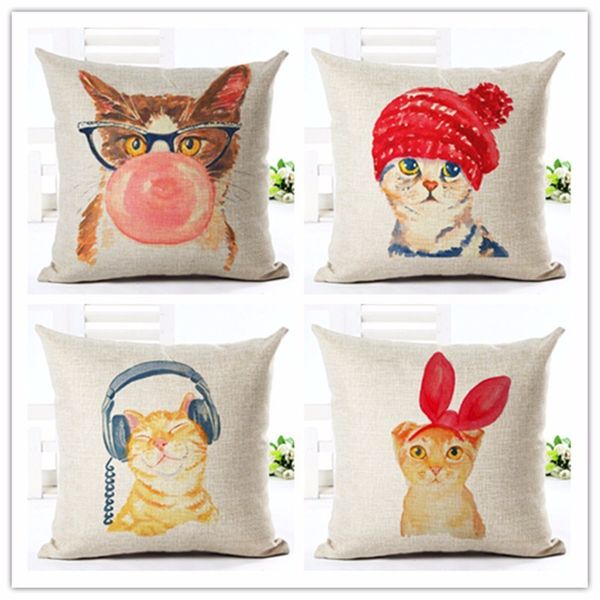 

quality print cute cat cushion fine linen cotton pillow arts home decorative pillows 45x45cm couch pillowcase seat back cushions