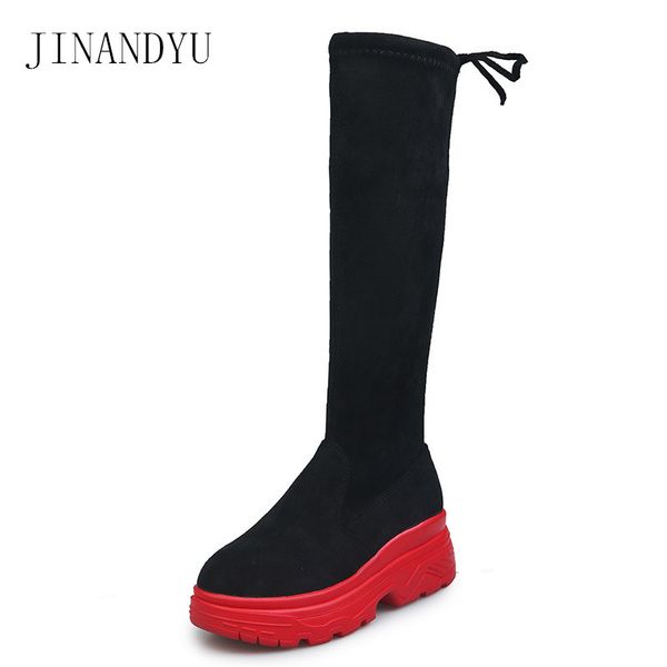 

35-42 stretch suede shoes black woman platform high knee boots autumn winter high boots woman thick sole boot saoatos femininos