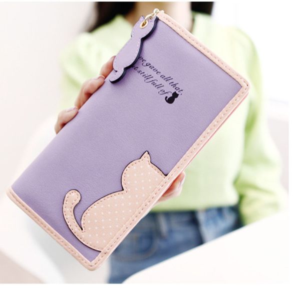 

2019 new women girl cute lovely cat wallets fashion wave point zipper student purse short small change money purse pu leather, Red;black