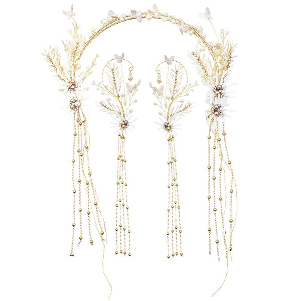 Japan Chinesisch Vintage Langer Quaste Hair Clip Brautstirnband Blume Kristall Perlenkopfschmuck Kopfschmuck Kopfhaarzubehör Hochzeit