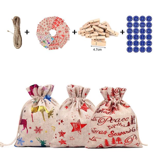 

24 pcs christmas candy bag christmas countdown calendar gift container children's canvas gift pouch tree decoration