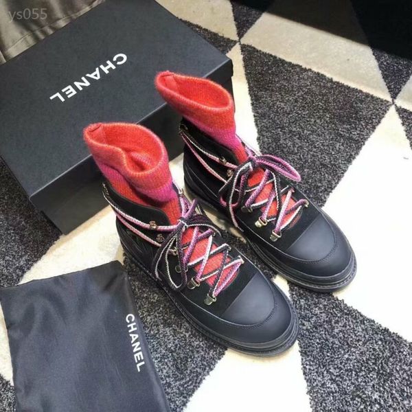 

fall / winter 19 new short boots women's fashion wool knitted wool low heel ankle boots lace up authentic, Black