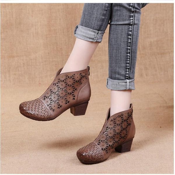 

new genuine leather women boots spring summer female ankle boots women ladies casual shoes retro hollow out breathable low heel, Black