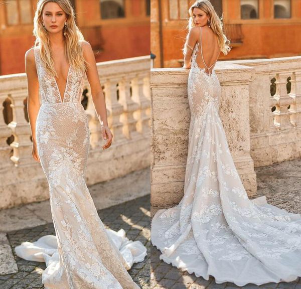 

2020 berta lace mermaid wedding dresses backless deep v neck applique garden sequins beach wedding dress sweep train country bridal gowns, White