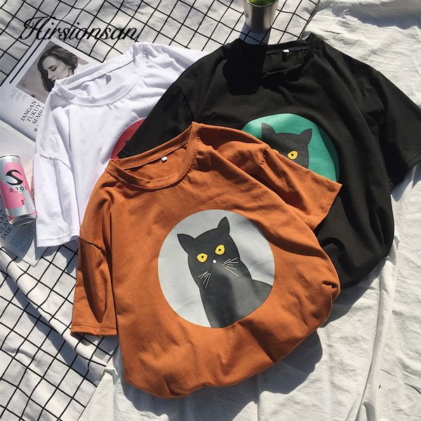 

hirsionsan summer graphic t shirt women 2019 cotton loose o-neck short sleeve tees white harajuku black cat woman