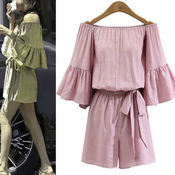 

new jumpsuit playsuit women slash neck off-shoulder elastic waist with sash cotton linen overalls rompers plus size s86293, Black;white