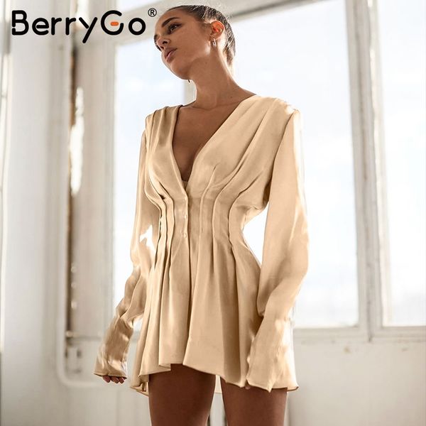 

berrygo v neck satin dress women long sleeve pleated female mini autumn winter dresses fashion party club ladies vestidos, Black;gray