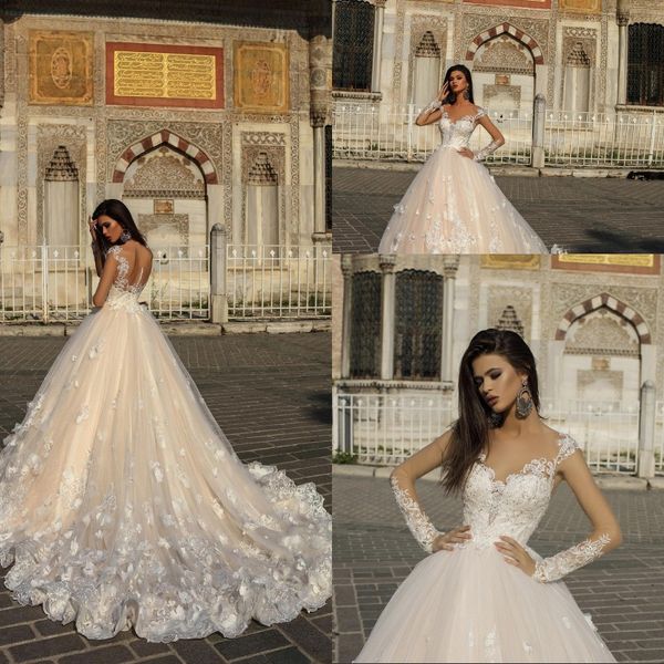 

charming lace appliques champagne a line wedding dresses sheer neck long sleeve beaded 3d flowers sequin bridal gowns button back custom, White
