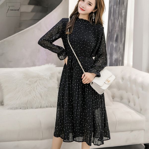 

women chiffon dress spring autumn female elegant vintage long sleeve dot pleated dress office casual loose dresses designer clothes, Black;gray