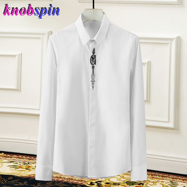 

roman embroidery men's long sleeve shirt solid color slim casual business male dress shirts plus size -4xl cotton shirts camisa, White;black