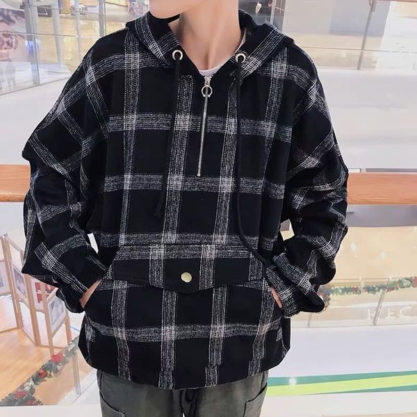 

hoodies 2020 spring and autumn new plaid korean trend coat men's loose casual student black streetwear ing