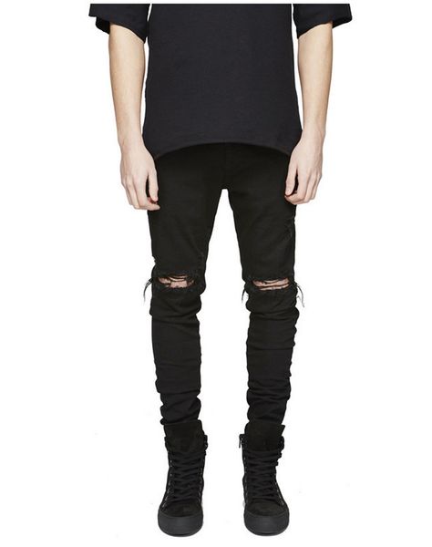 

new pocket men's jeans fashion black knee hole jeans high street men's stretch slim feet pants tide slim trousers, Blue