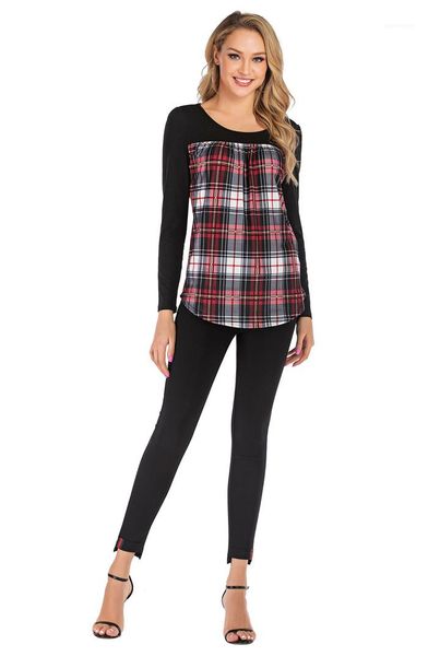 

sleeve cute designer homme clothing fashion casual apparel plaid print womens spring tshirts crew neck long, White