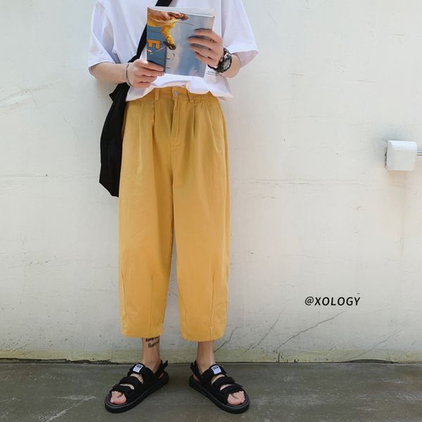 

2019 summer new original fashion students loose neutral wind nine points solid color belt wild casual pants m-2xl, Black