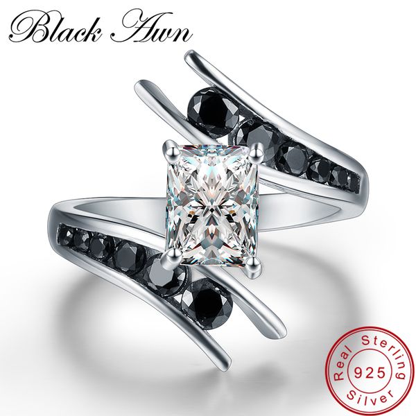 

black awn] fine jewelry 3.9 gram 100% genuine 925 sterling silver row black stone engagement rings for women bague c299, Golden;silver