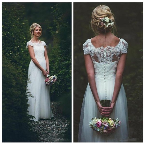 

romantic square neckline boho wedding dress lace appliques a-line affordable wedding dresses with sleeves sheer back summer bridal gowns, White